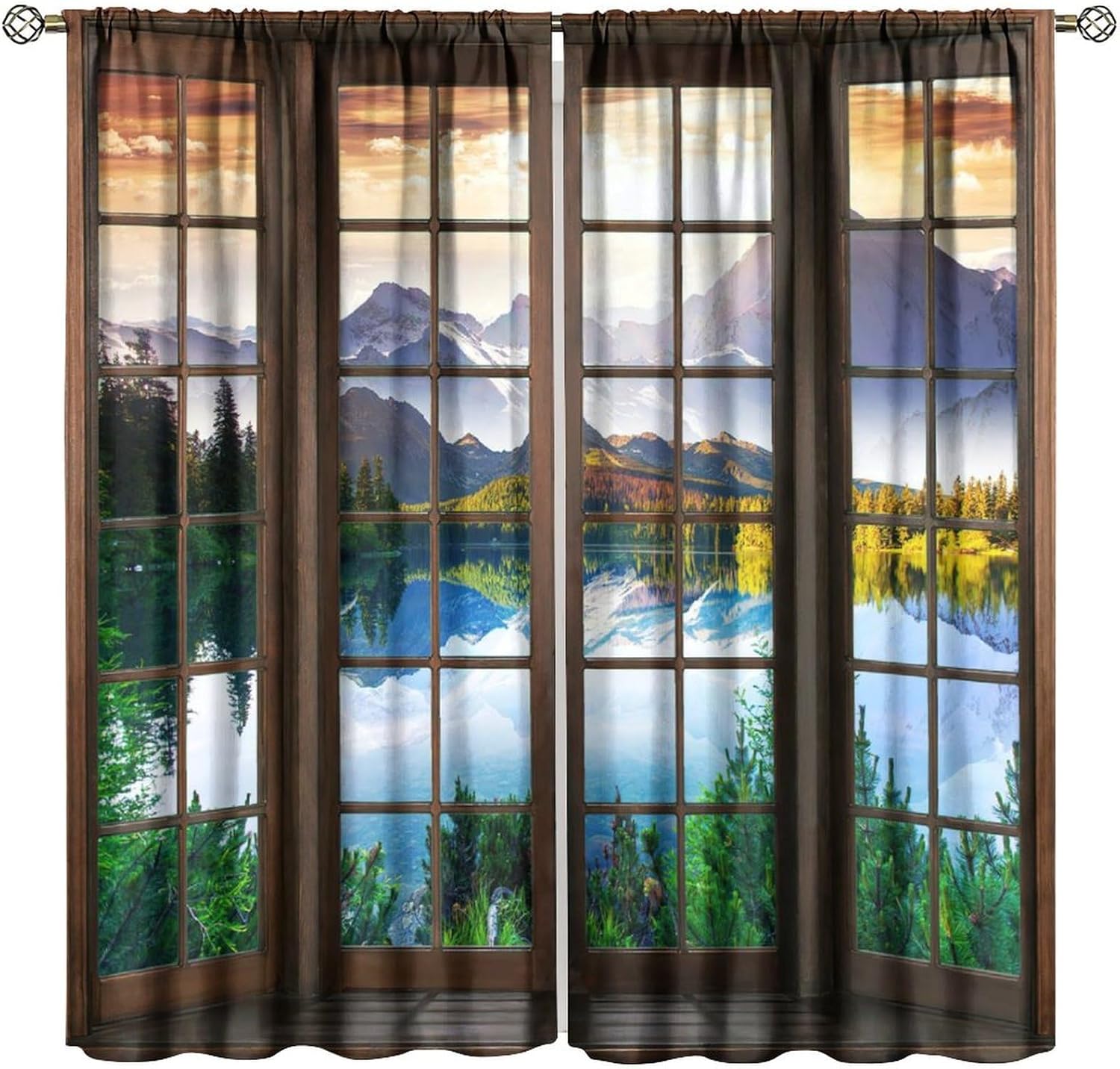 Natural Lake Blackout Curtains, 3D Printed Window View at Sunrise, Bedroom Living Room Kitchen Rod Pocket Curtains42X63 Inch