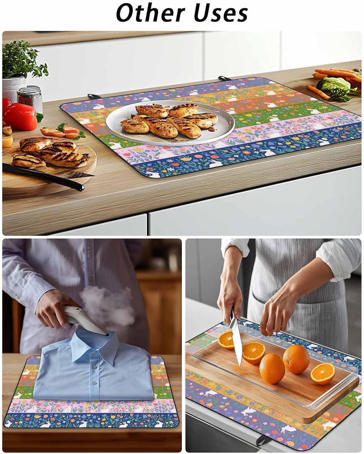 Easter Rabbit Stove Cover for Electric Stove, Color Striped Flowers Spring Cartoon Animal Stove Top Cover for Glass Top, Heat Insulation Rubber Mat Foldable Cooktop Top Protector, 36"x21"