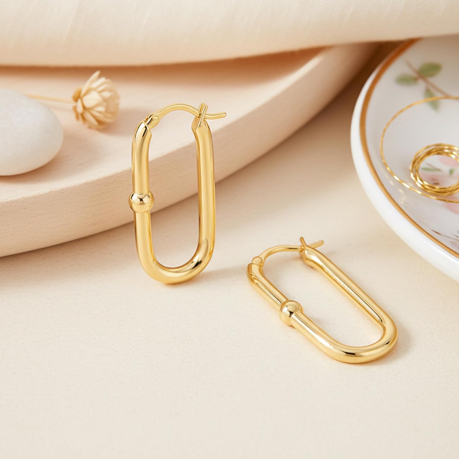 Gold Earrings for Women 14k Gold Hoop Earrings for Women Square Hoop Earring for Womens Square Oval-Shaped Design with A Small Round Bead Dainty Hoops Earring for Womens Hoops Trendy 33mm