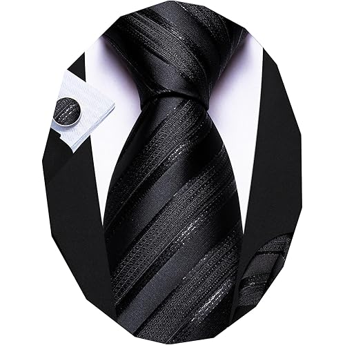 Barry.Wang Tie Sets for Men Silk Stripe Necktie Woven Checkered Handkerchief Cufflinks Formal Business Wedding