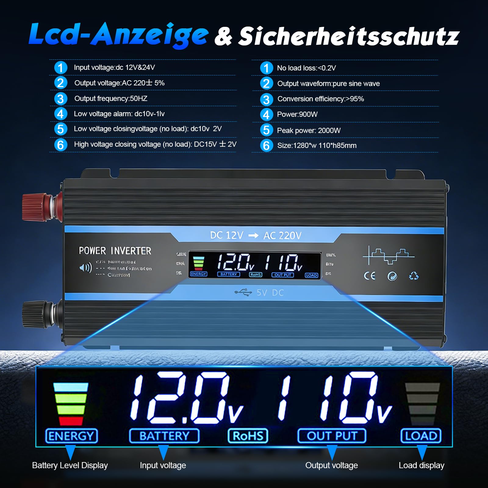 2000W Power Inverter 12V to 240V with LCD Display, 2 UK Sockets & USB Port, Modified Sine Wave Car Inverter for Camping, RV, Truck, Home Use – High Efficiency >95%, Safety Protections (Blue) - 3