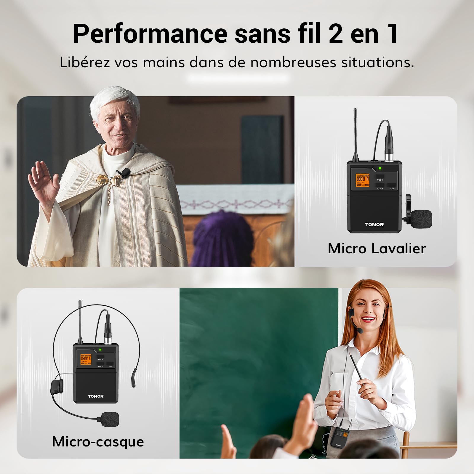 TONOR Système de Micro sans Fil UHF avec Double Micro-Casque/Lavalier, Emetteur de Poche, Récepteur Rechargeable, 4x5 canaux, 90M de portée, Enregistrement de la Voix, Sonorisation