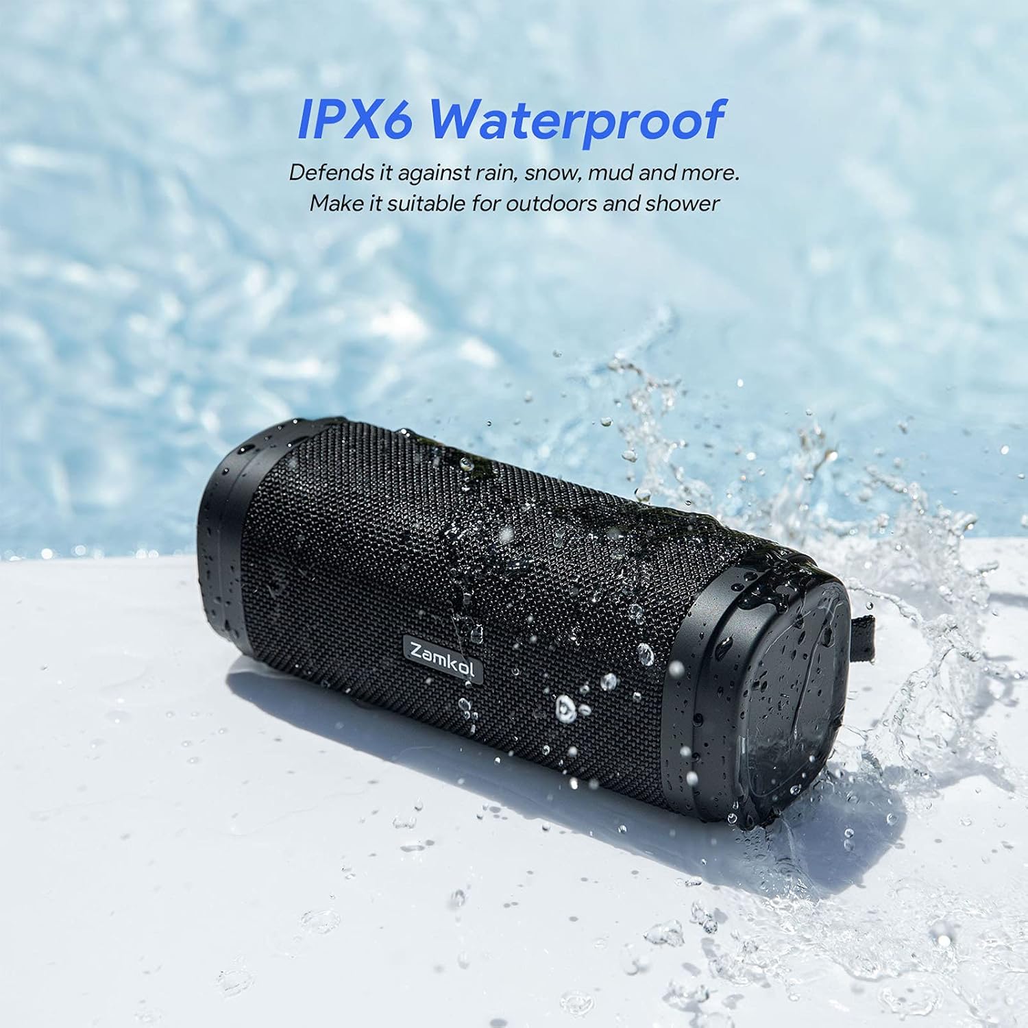 ZAMKOL speaker with water splashing on it, demonstrating IPX6 waterproof rating