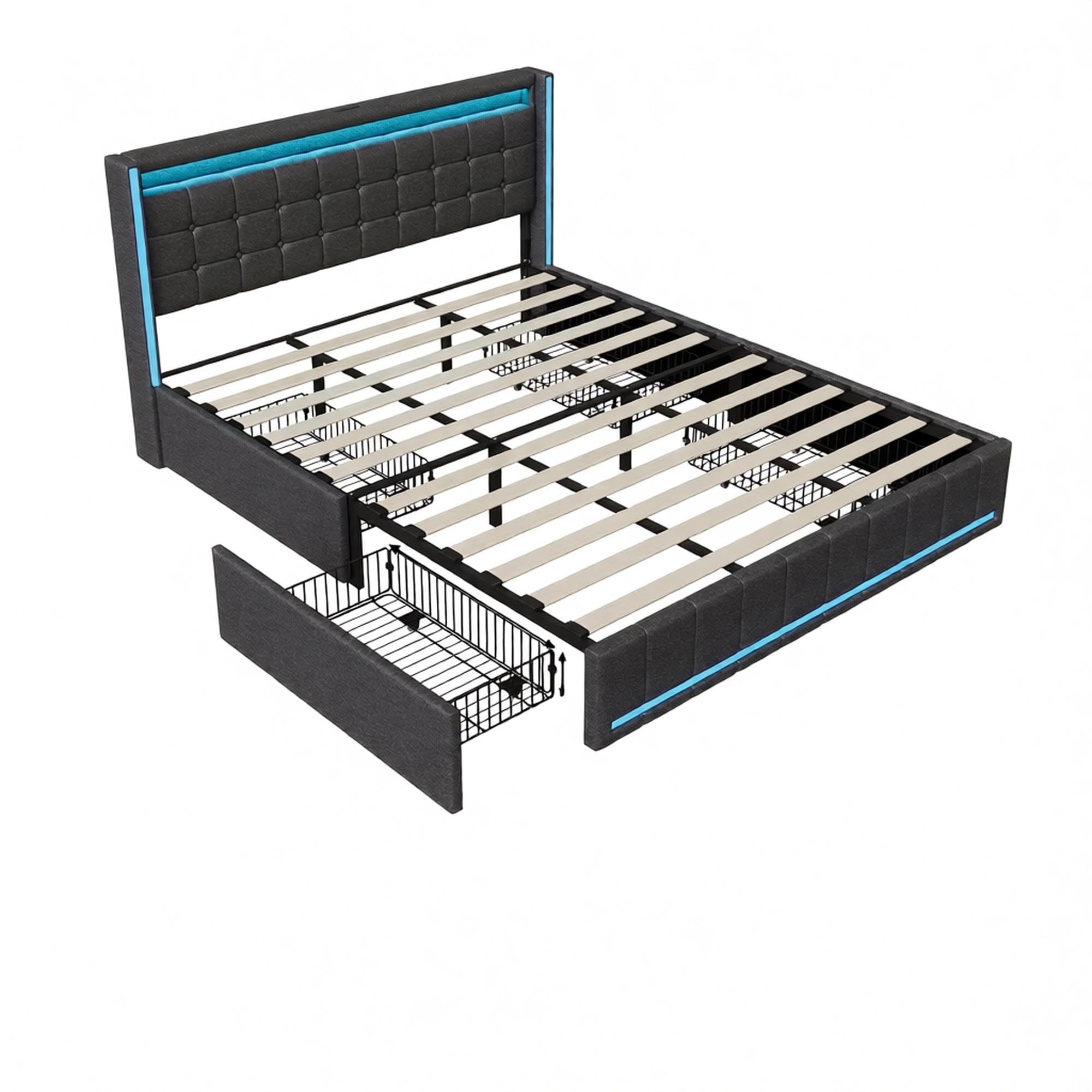 Łóżko 180 x 200 z miejscem do spania, łóżko podwójne tapicerowane w kolorze ciemnoszarym lnianym, głowica i podnóżek, długie USB, 4 szuflady, łóżko skrzyniowe ze schowkiem, solidna rama łóżka