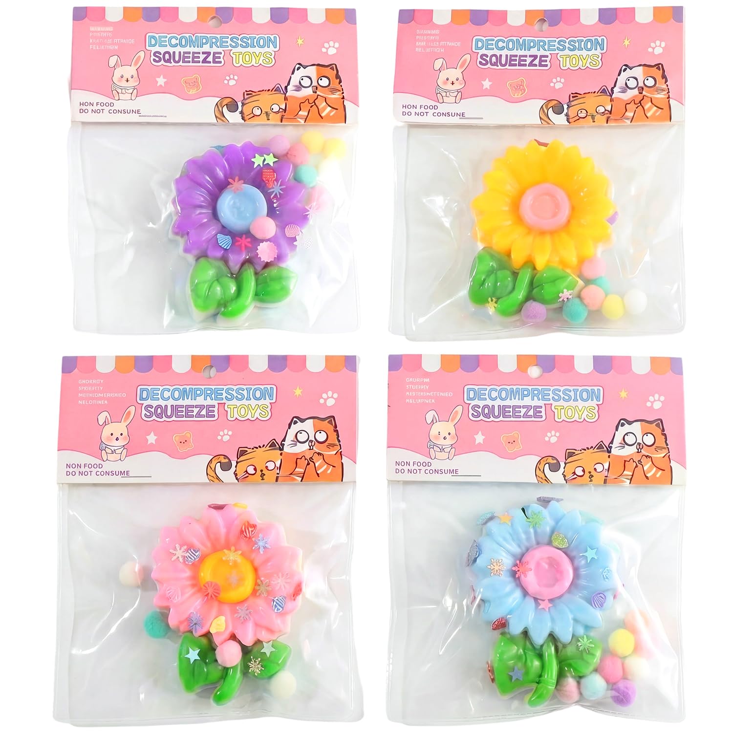 4Pcs Sunflower Squishy Toy, Sunflower Squishies Fidget Toy, Soft Silicone Sensory Squishy Toys, Stress Toy for Desk Office Party Favor
