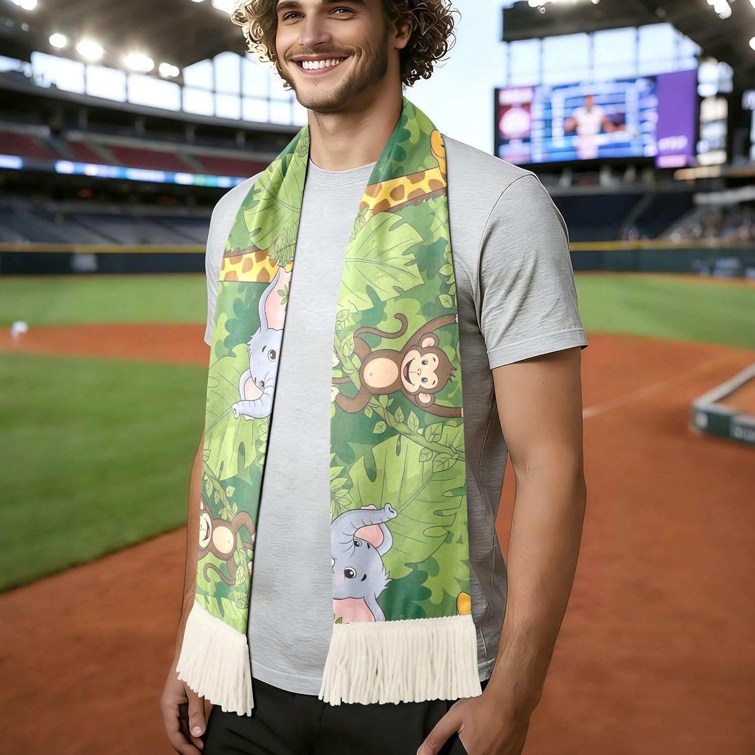 CHIFIGNO Cartoon Jungle Animal Sports Fan Scarf with Fringe Ends, Soft Polyester Sweat Towel for Soccer Game Cheering