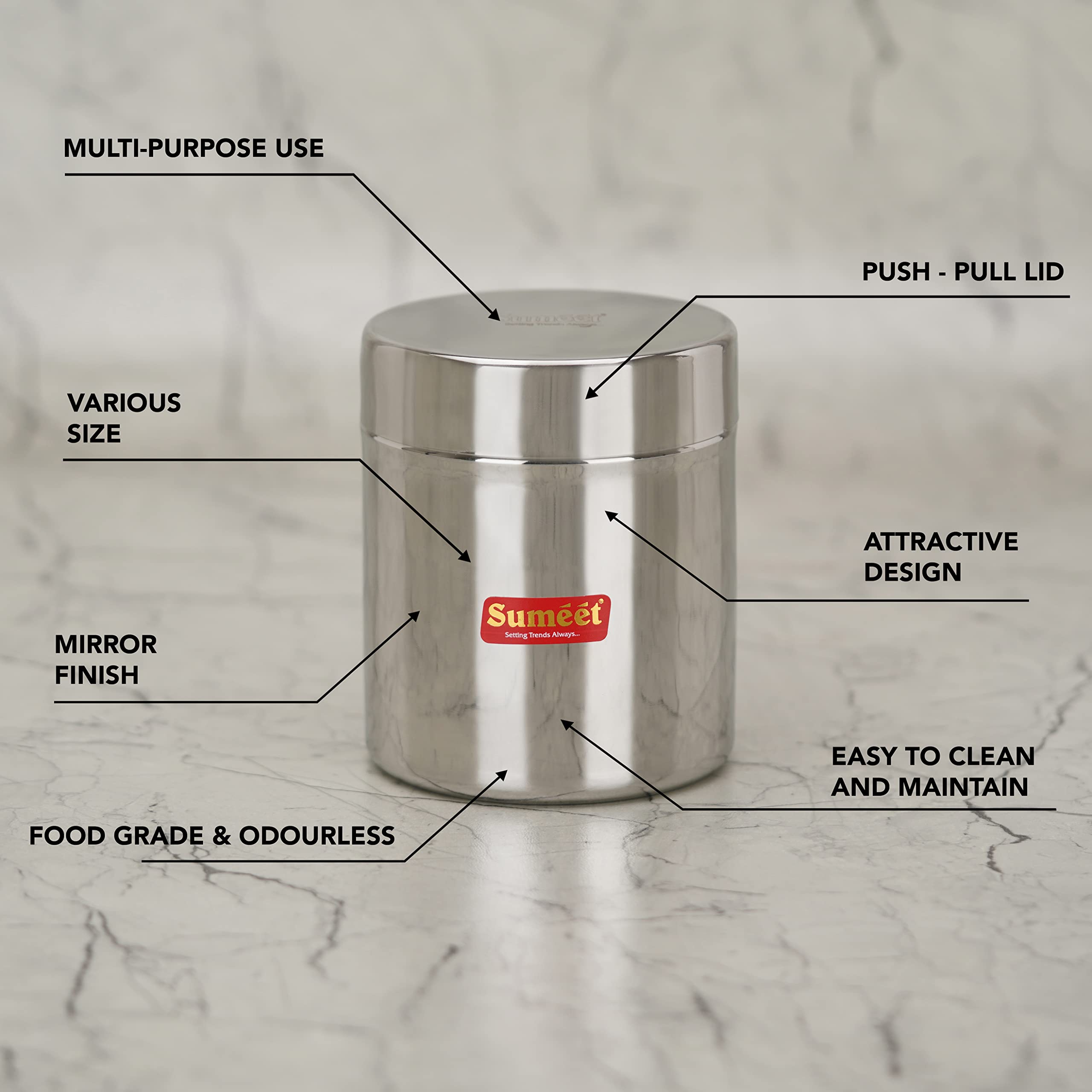 Sumeet Kleine Edelstahldosen/Gläser/Ubha Dabba/Vorratsdosen-Set mit 6 Stück, je 350 ml Fassungsvermögen, 7,5 cm Durchmesser, Silber