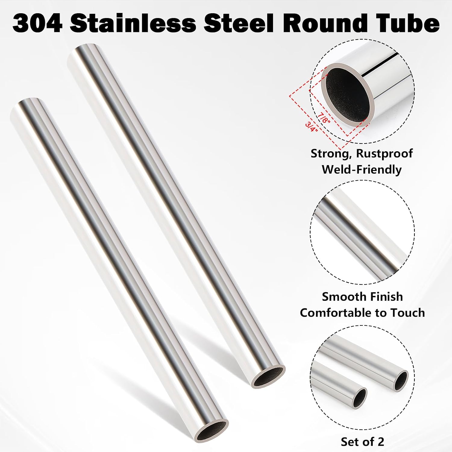 Livabber 304 Stainless Steel Round Tube, 0.06" Wall x 12" Length Rustproof Weldable Pipe for Construction, Fitness, Handrails, Crafts, DIY Projects, 2 Pack (7/8" OD)