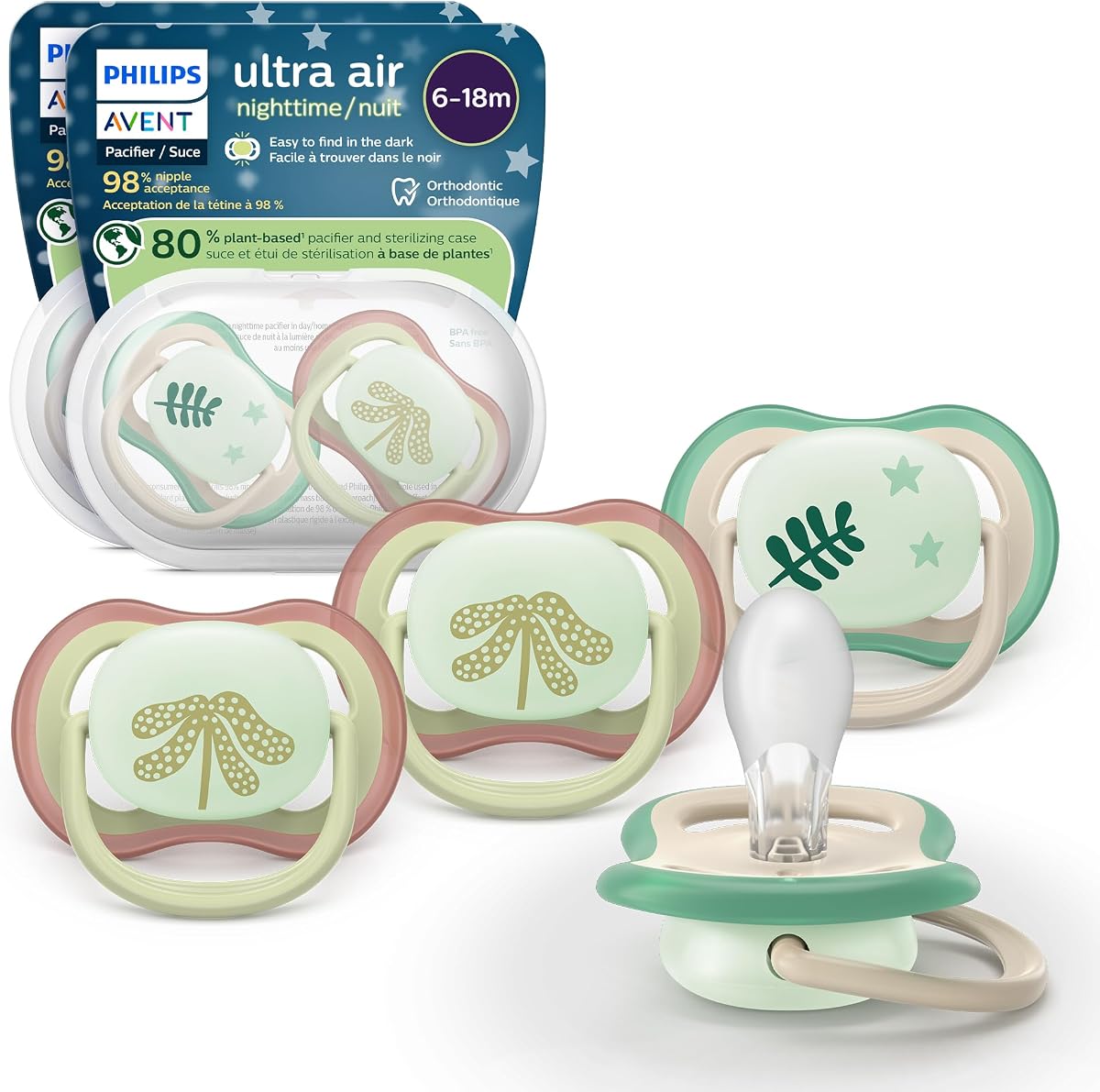 Philips Avent Ultra Air Nighttime Pacifier, 6-18 Months, BPA-Free, 4-Pack | Food-Grade Silicone, Glow in the Dark Cap, Extra-Large Airholes, Narrow-Neck Nipple, 2 Sterilizing Cases, Clear, SCF376/37