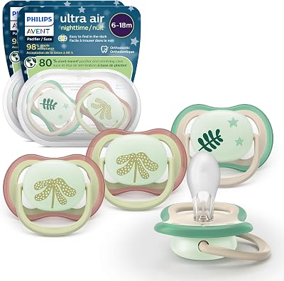 Philips Avent Ultra Air Nighttime Pacifiers - Orthodontic Design, for Babies 6-18 Months, Glow in the Dark, Soft Silicone Symmetrical Nipple, BPA-free, with 2 Sterilizing Cases, 4 Pack, SCF376/37