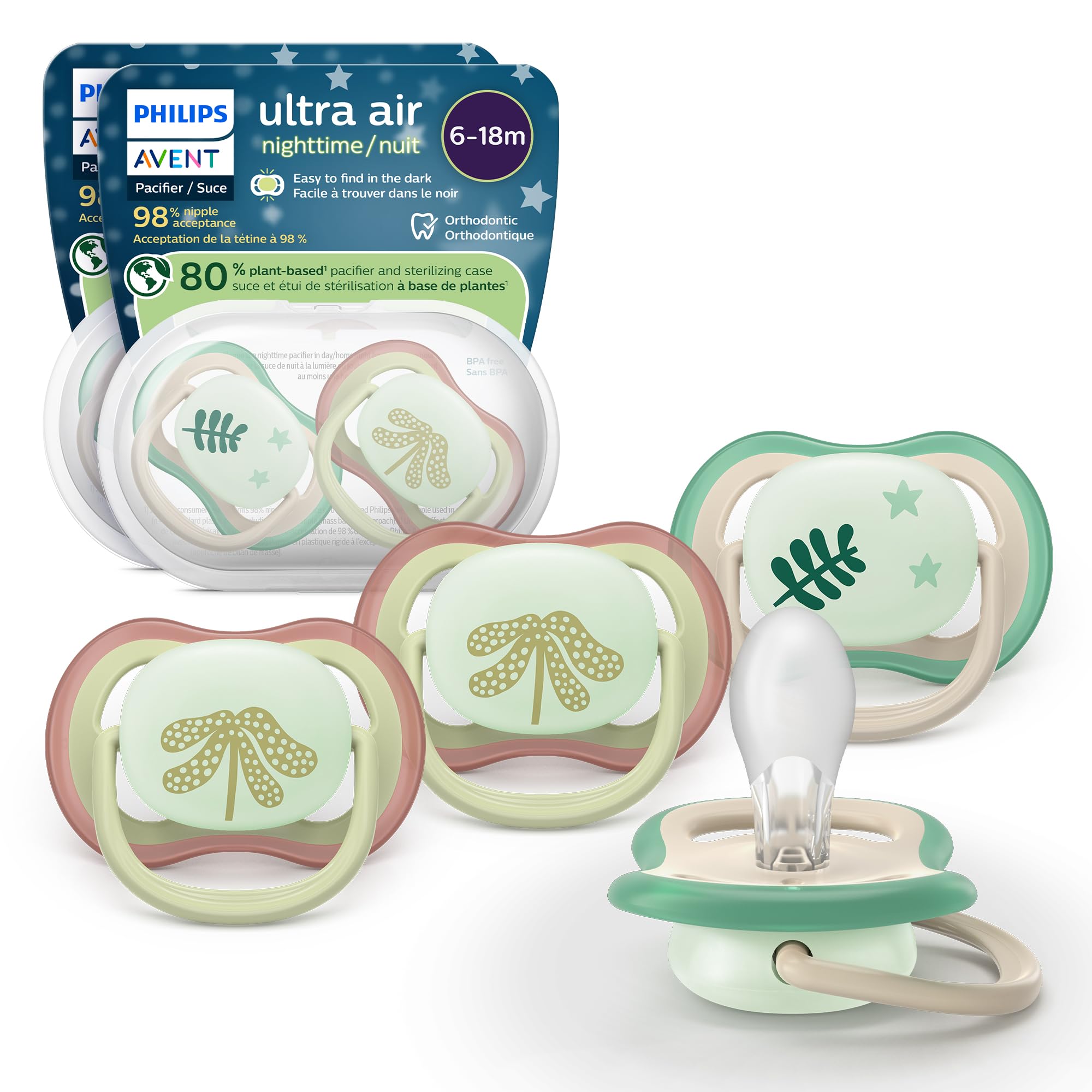 Philips Avent Ultra Air Nighttime Pacifiers - Orthodontic Design, for Babies 6-18 Months, Glow in The Dark, Soft Silicone Symmetrical Nipple, BPA-Free, with 2 Sterilizing Cases, 4 Pack, SCF376/37