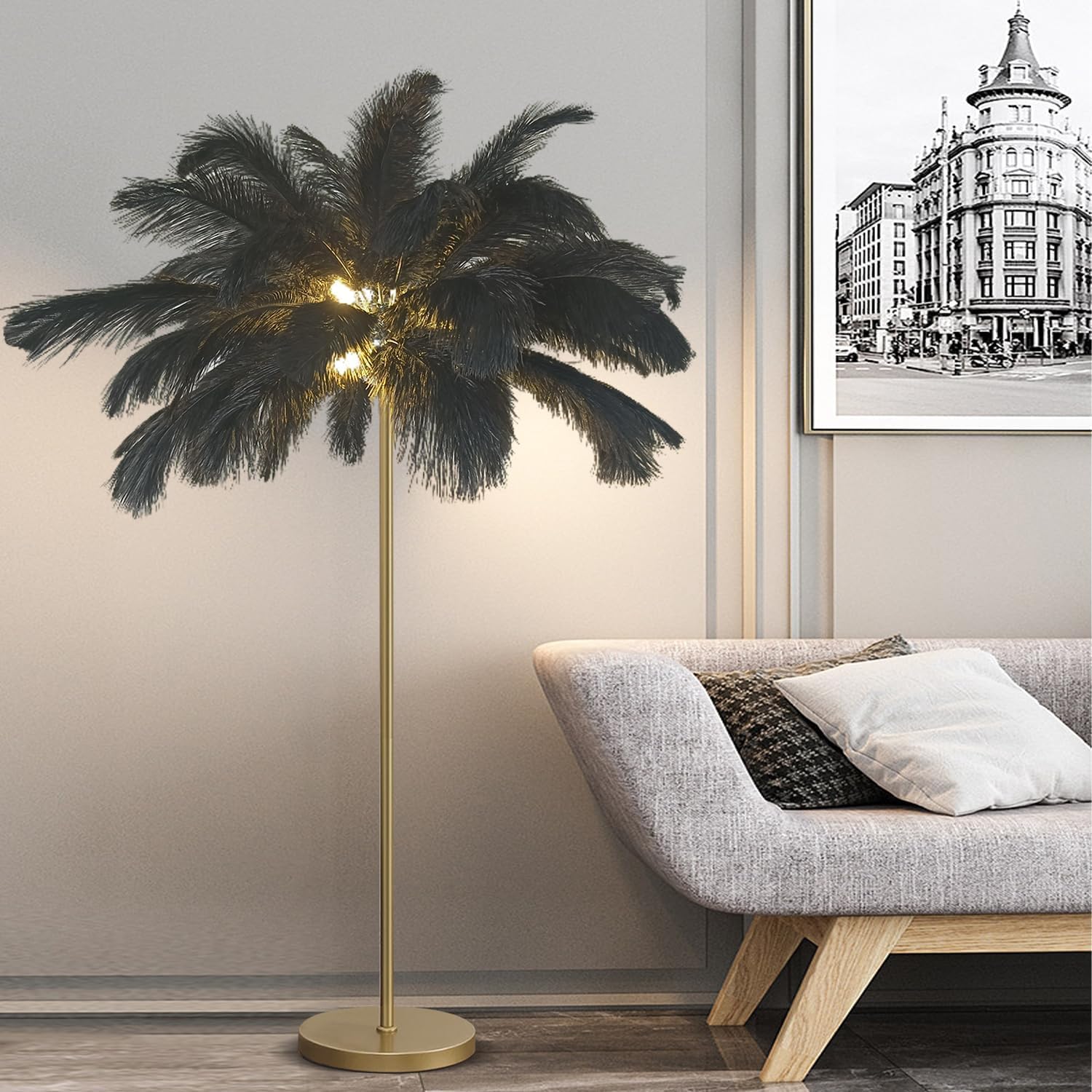 Feather Floor Lamp with Elegant Ostrich Feather Tall Lamps Farmhouse Standing Tree Lamp 3 Color Temperatures Bright LED Bulbs,Black,Large