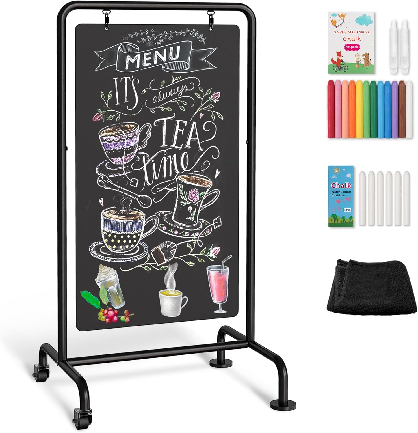SELEAD Metal Swinging Chalkboard with Wheels - 40" x 20" Double Sided Rolling Sidewalk Chalk Board Easel Sign, Large Outdoor Indoor Menu Message Sandwich Pizarra for Business, Wedding, Cafe 40"x20"(Black Metal Frame)
