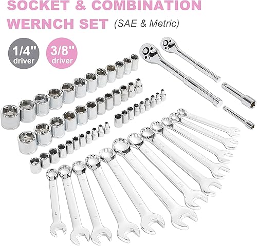 Miniatura 5 de FASTPRO Juego de herramientas de 225 piezas, color rosa, SAE y mecánica métrica, juego de herramientas manuales con caja de herramientas, kit de