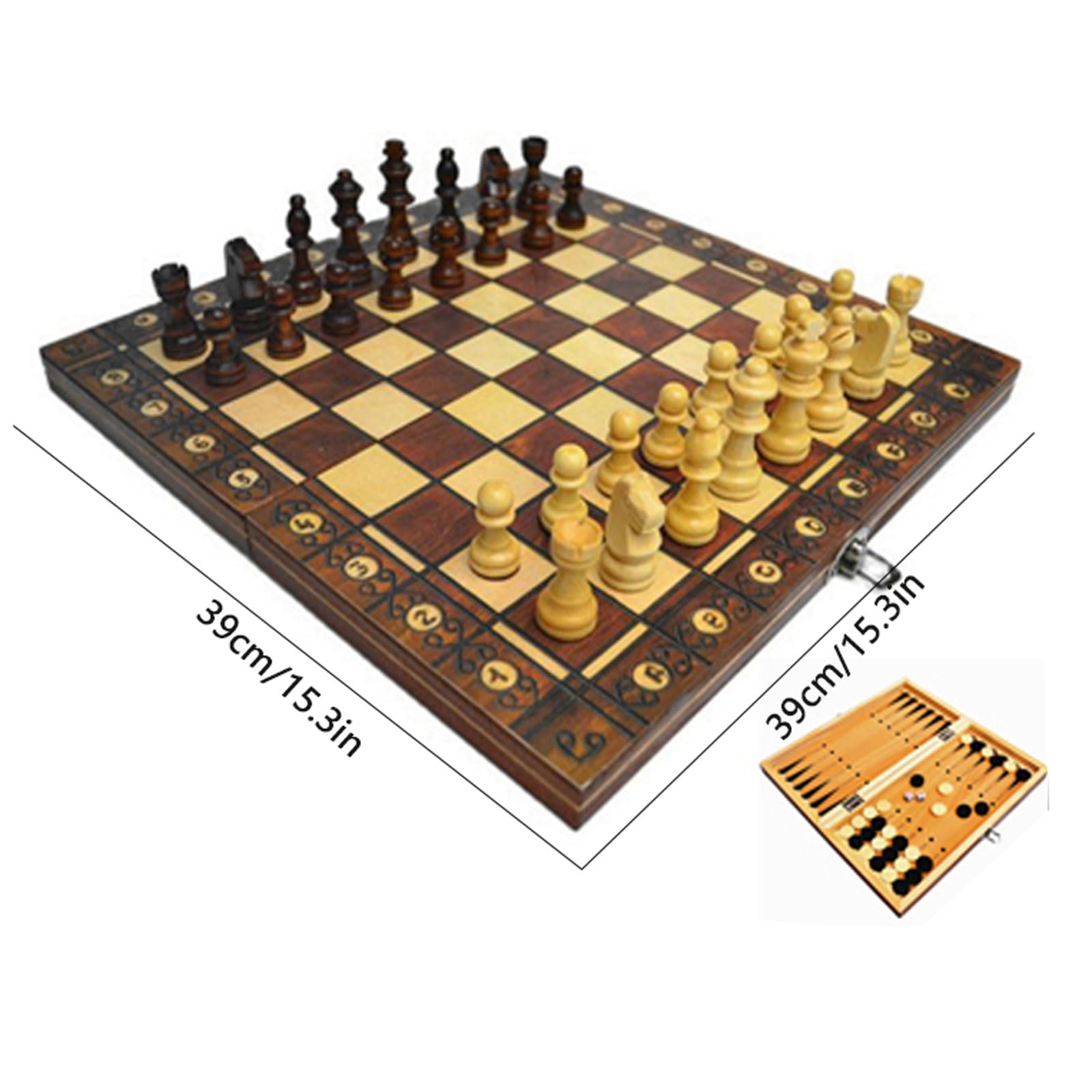 Set da scacchi pieghevole da viaggio, Set di scacchi portatile pieghevole in legno con pezzi e scatola immagazzinaggio varie dimensioni(Chess Set XL)