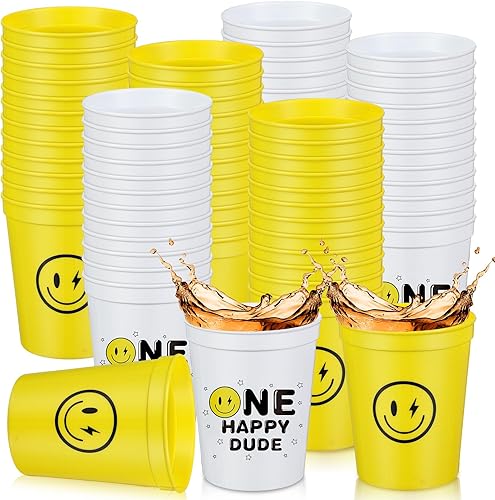 Norme 24 vasos de plástico de 16 onzas con texto en inglés One Happy Dude para beber, vasos reutilizables para bebés, regalos de cumpleaños con cara