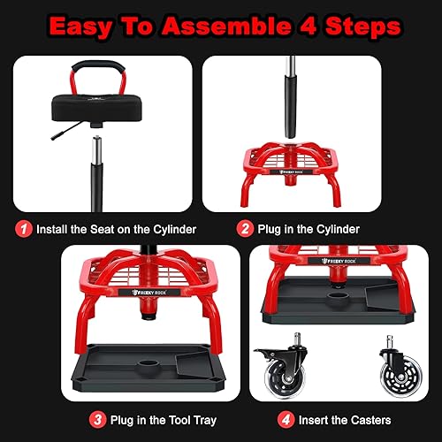Miniatura 7 de Taburete de taller rodante con ruedas, silla de taller de garaje con asa y respaldo, taburete de trabajo de altura ajustable, asiento rodante con