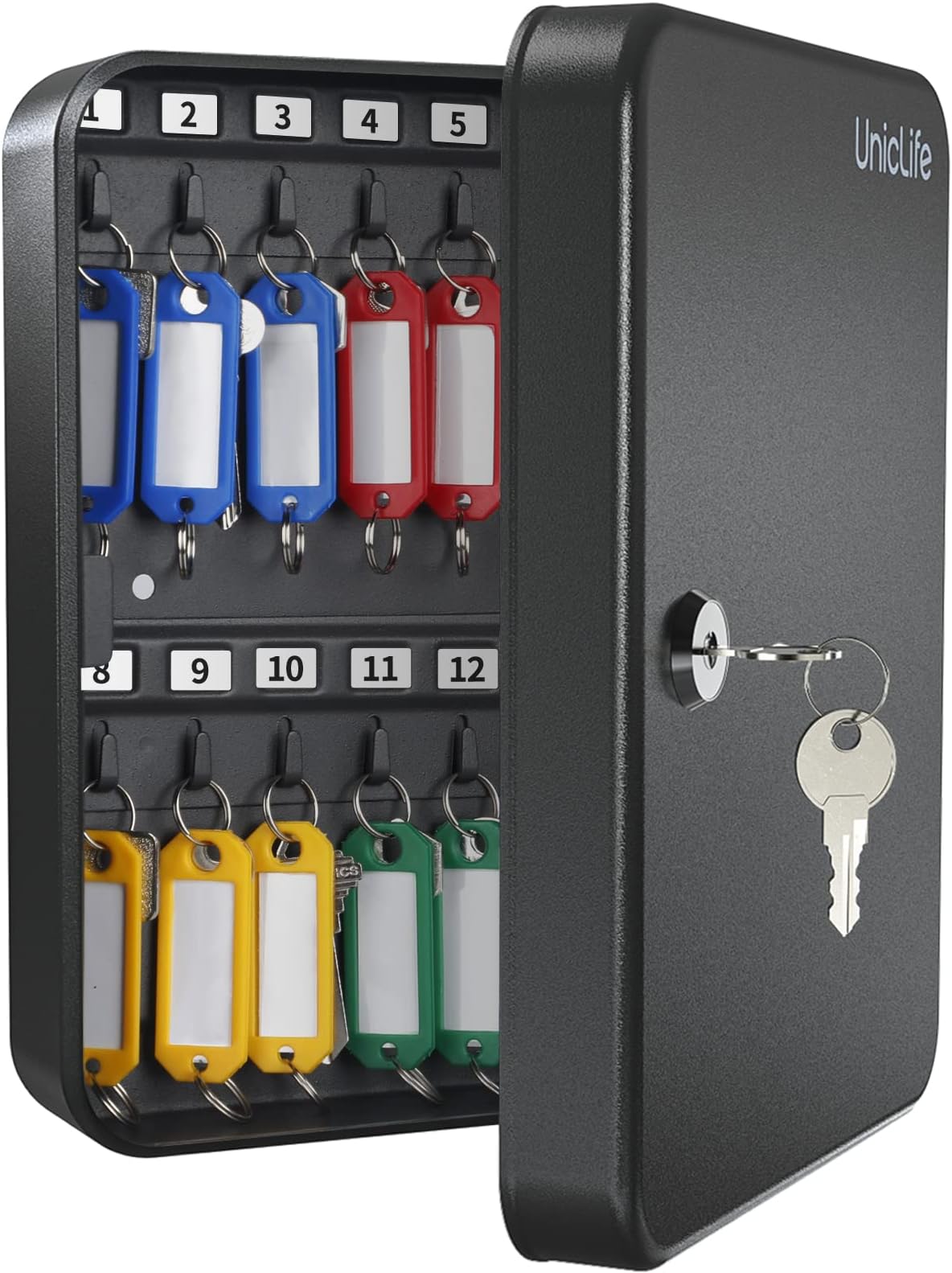 Uniclife Steel Key Cabinet Wall Mounted Organizer - 28 Keys, 2 Unlocking Keys - Black Frosted Security Box with Hooks and Color-Coded Labels