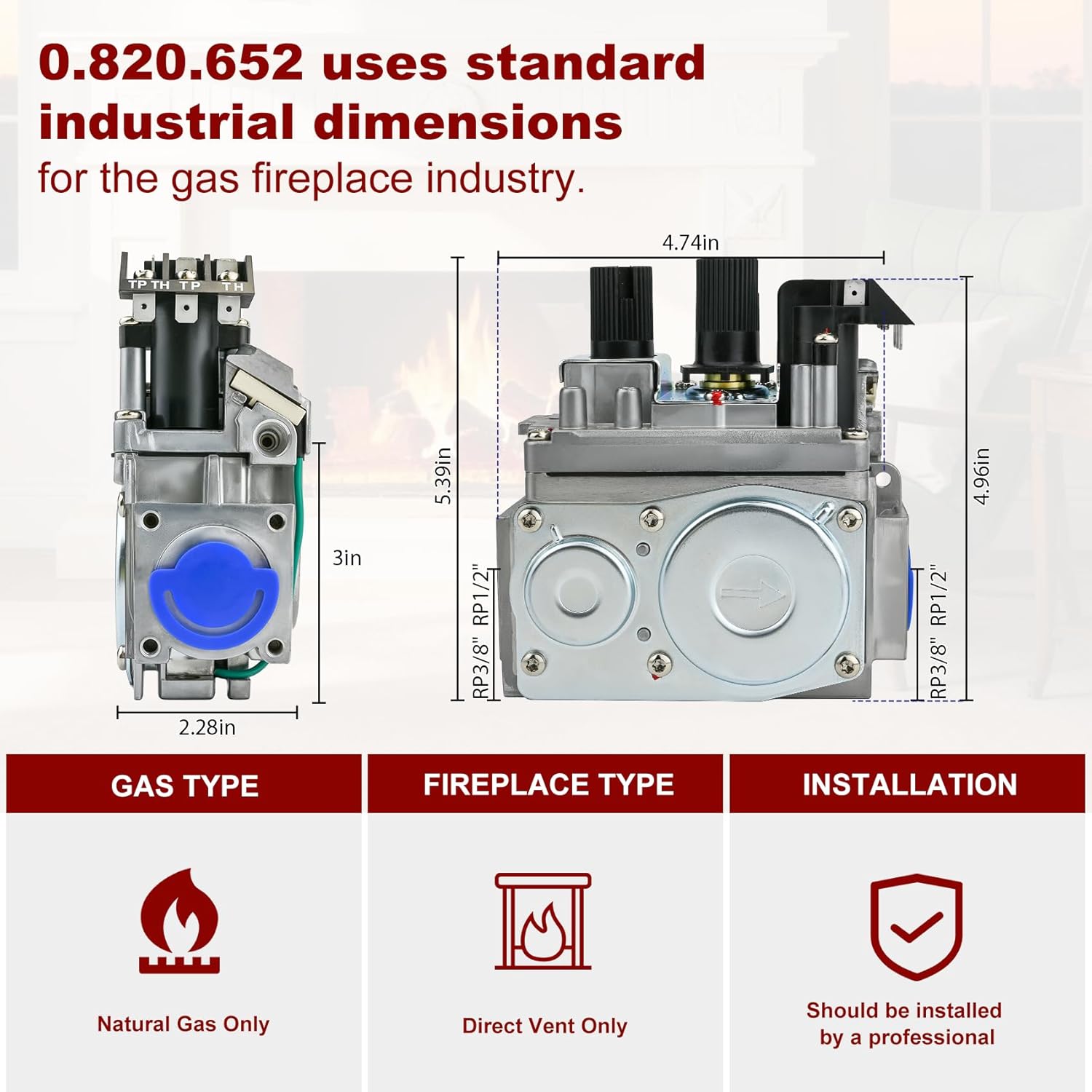 0820652 Natural Gas Fireplace Valve Replacement, Compatible with Sit-820 Nova Gas Valve, Direct Vent Fireplace Millivolt Gas Valve, Suitable for Various Direct-Vent Gas Fireplaces, And Gas Log Sets