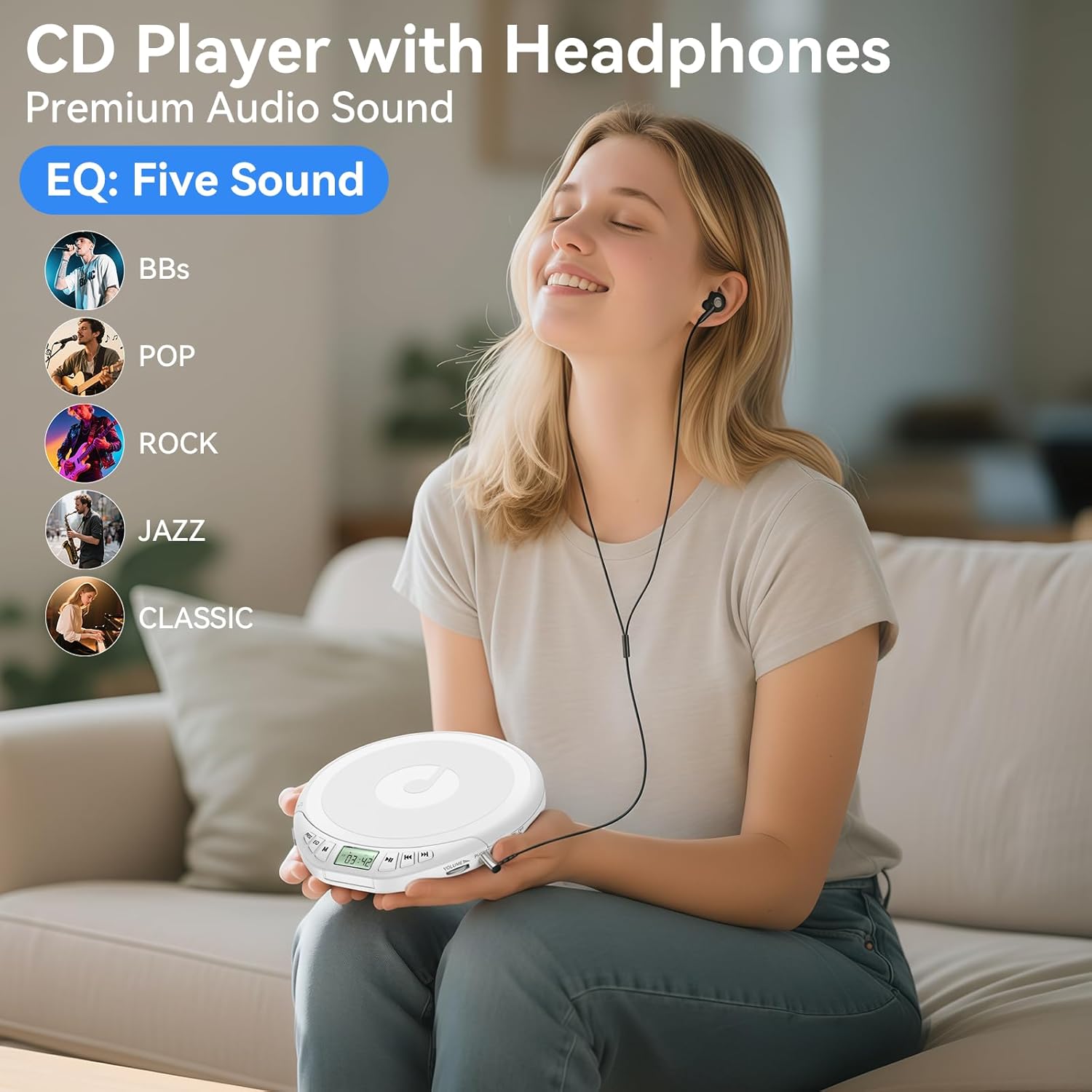 Portable CD Player with Headphones KOVCDVI CD Player Portable for Car with Anti-Skip & Shockproof,CD Discman with LCD Display,AUX Cable and Earphone for Sport Home Outdoor,White