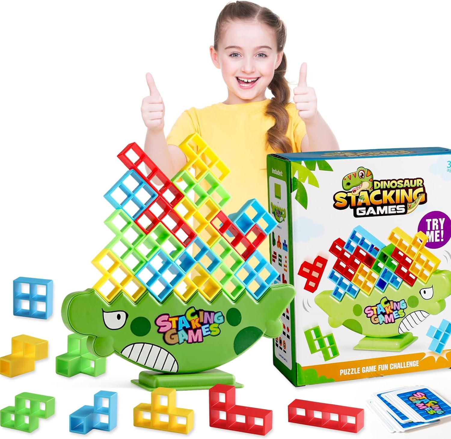 Kids Dinosaur Tower Stacking Game! 64PCS Upgraded Stacking Blocks – Bigger, Smoother & Faster | STEM Toys for Kids Ages 3-8 & Adults | Family Party Game for Birthdays & Holidays