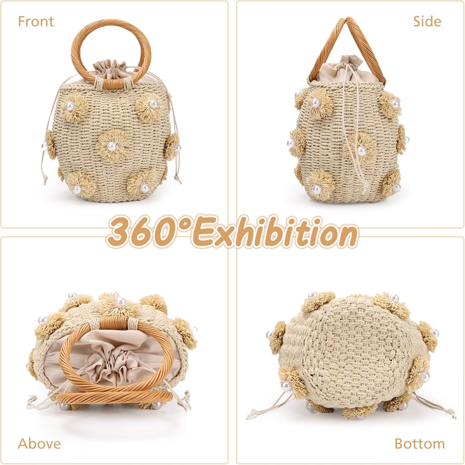 Fecialy Flower Pearls Rattan Tote Bag Straw Bags for Women Drawstring Straw Bucket Bag Summer Beach Woven Handbag
