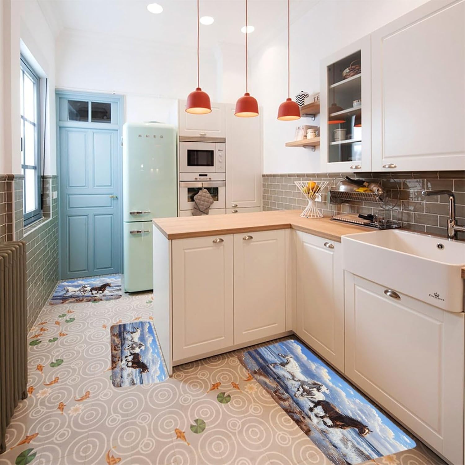 Horses on The Beach Kitchen Rugs Sets of 3 Washable Non Slip Kitchen Rug Water Resistant Carpet Piece Anti Fatigue Kitchen Mats Soft Comfort Standing Mat Modern Area Rug