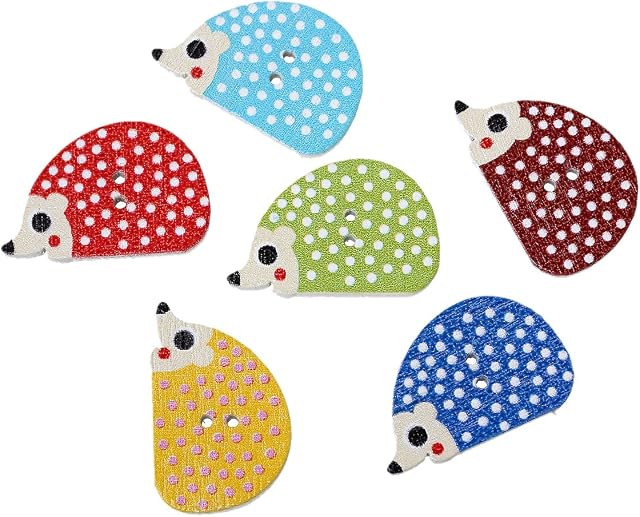 The Bead and Button Box - 10 Randomly Mixed Colours Hedgehog Design Wooden Sewing Buttons 25mm x 16mm. Ideal for Children and Baby wear. Craft and Scrapbook