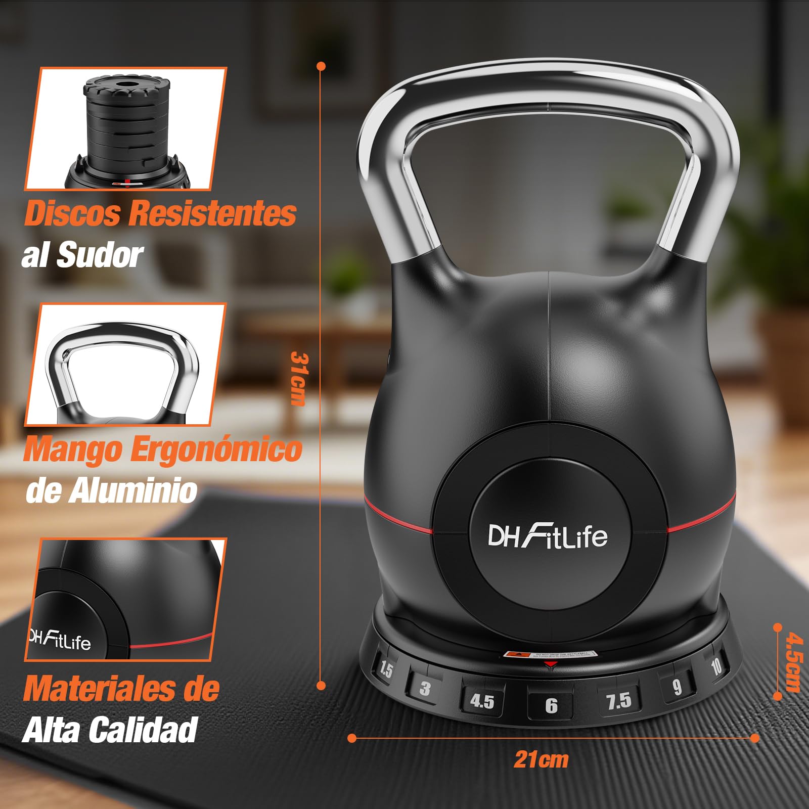 DH FitLife Pesa Rusa Ajustable 7 en 1 (1,5-10kg), Kettlebell con 7 Niveles de Peso, Mancuerna Kettlebell para Entrenamiento de Fuerza, Pesas para Casa y Gimnasio, Compacta y Ahorra Espacio