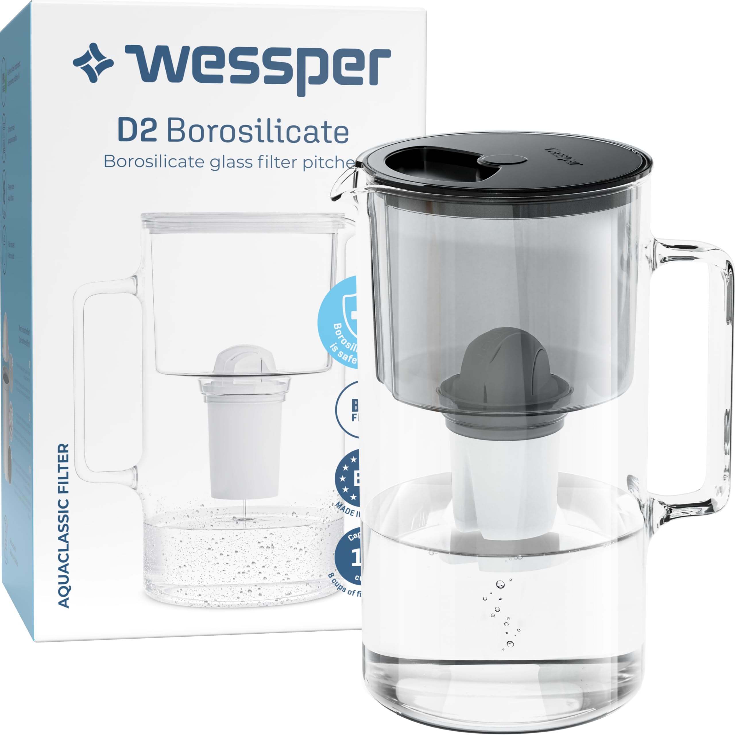 D2 Borosilicate Black Glass Water Filter Pitcher Crystal Clear Hydration 8-Cup Capacity | 2in1 Water Purifier Pitcher and Stylish Water Carafe | Efficient Filtration for Pure, Refreshing Water