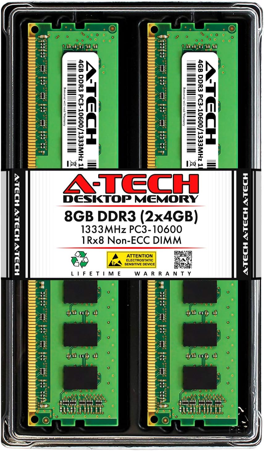 A-Tech 16GB DDR3 1333MHz Desktop Memory Kit (4 x 4GB) PC3-10600 Non-ECC Unbuffered DIMM 240-Pin 1Rx8 1.5V Single Rank Computer RAM Upgrade Sticks