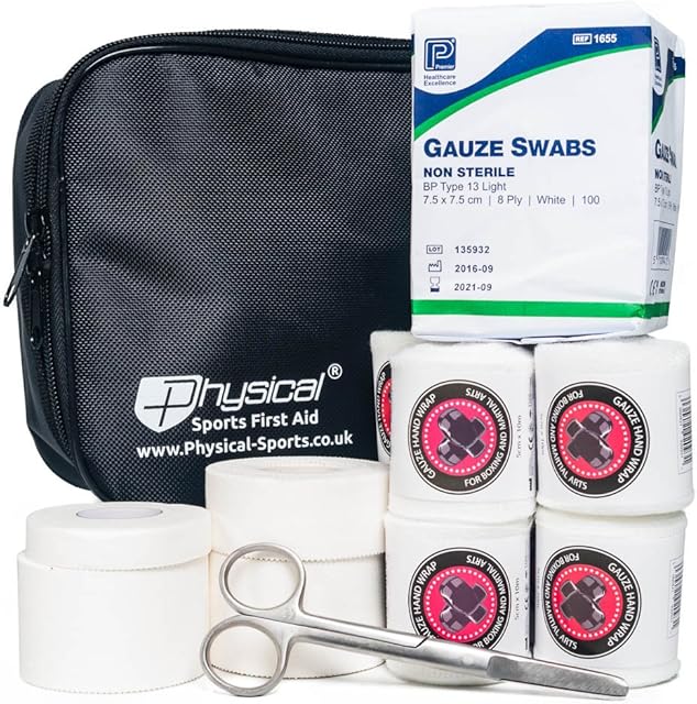 Physical Sports First Aid Boxing Hand Wrap Kit | Inc Gauze, Tape, Swabs and Scissors