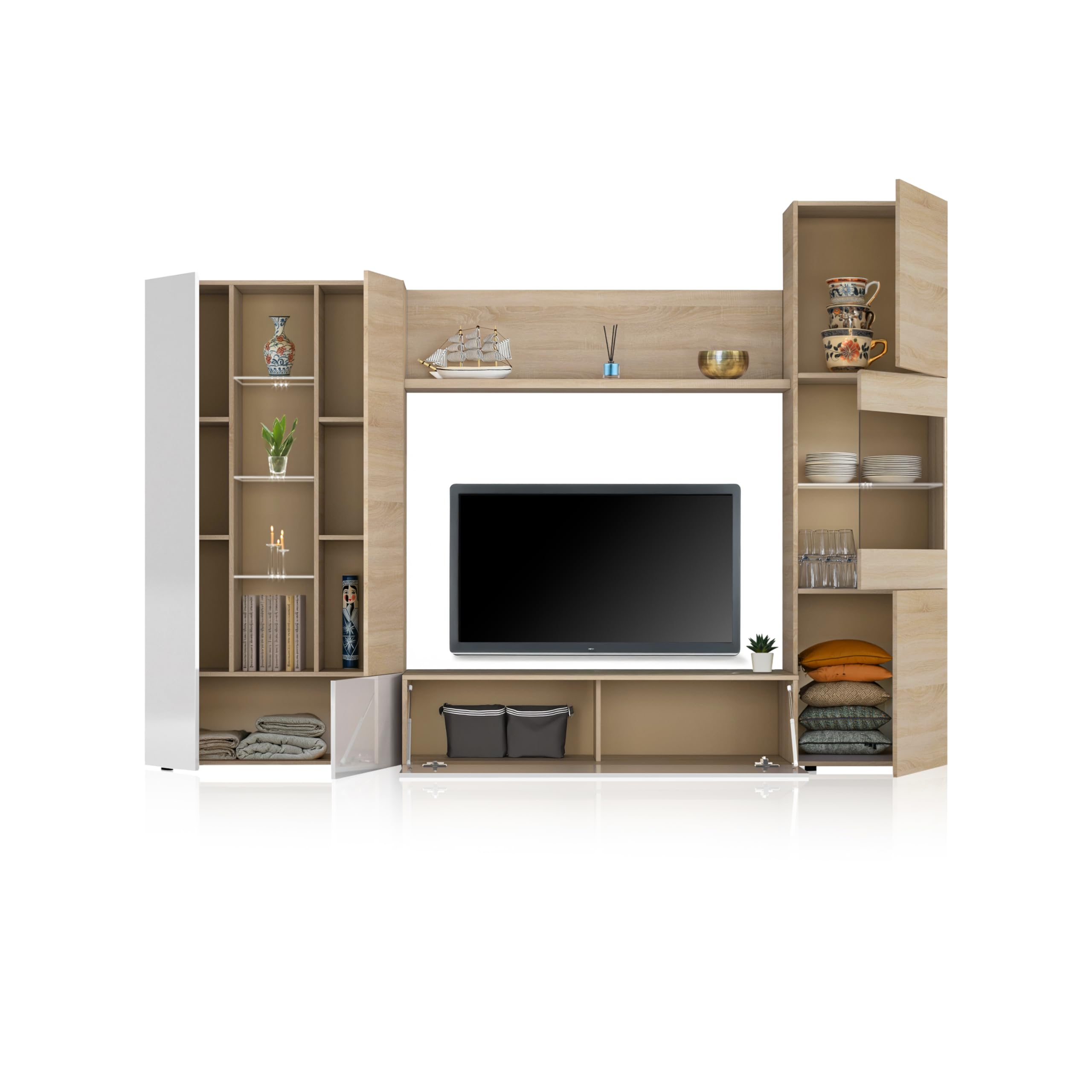 duehome | Mueble de Comedor con Leds, Mueble Salon, Modelo Vinter Leds, Acabado en Blanco Brillo y Roble Canadian, Medidas: 260 cm (Ancho) x 185 cm (Alto) x 42 cm (Fondo)