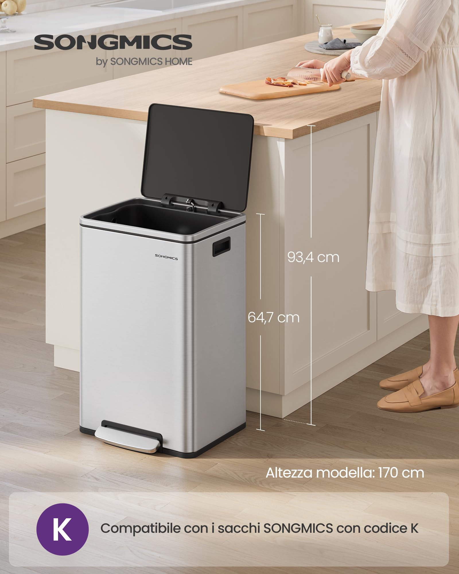 SONGMICS Pattumiera da Cucina 50 L, con 15 Sacchi per Spazzatura, Acciaio Inox, Secchio in Plastica Rimovibile, Cestino a Pedale con Coperchio Maniglie Chiusura Morbida, Colore Argento LTB595E01
