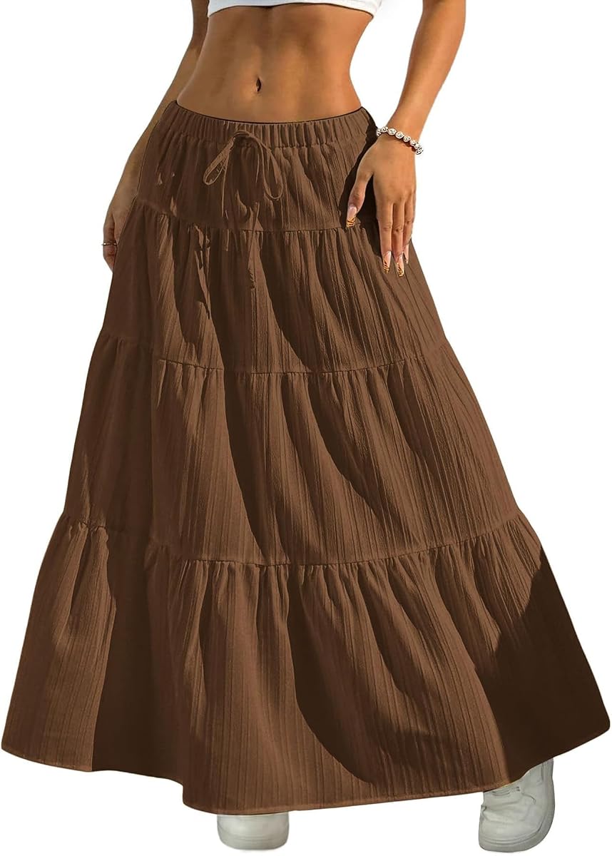 DERAX Womens Maxi Skirt Boho Flowy Ruffle Elastic Waist Long Skirts