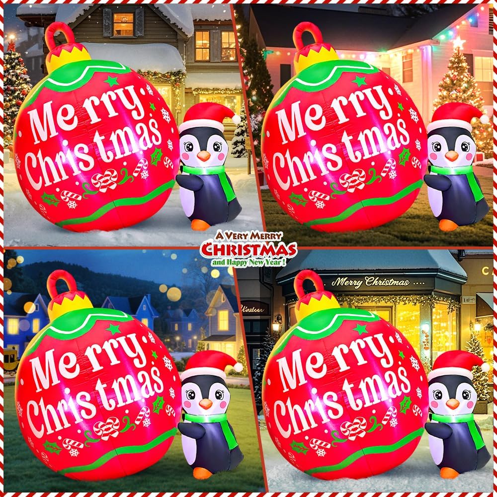 KOOY 5FT Christmas Inflatables Outdoor Decorations Penguins Push Ball Merry Christmas Blow up Yard Decorations with LED Light for Xmas Outdoor Holiday Party Garden Lawn Winter Décor