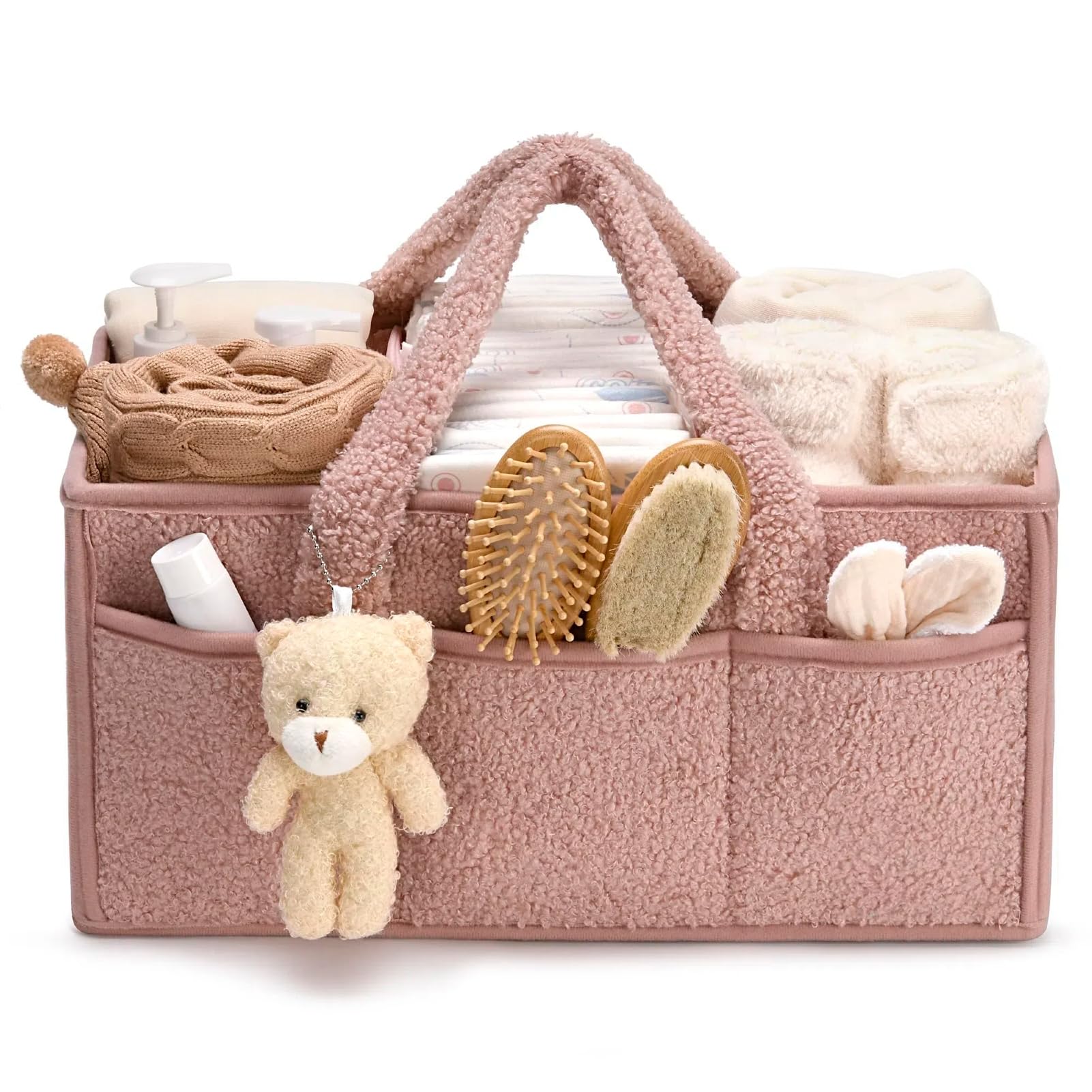 Flanliy Wickeltasche Organizer, Wickeltisch Organizer, Tragbarer Wickelkorb mit Herausnehmbaren Fächern, Plüsch Wickelorganizer mit Griffen, Baby Aufbewahrungskorb für Wickel und Babysachen (Rosa)