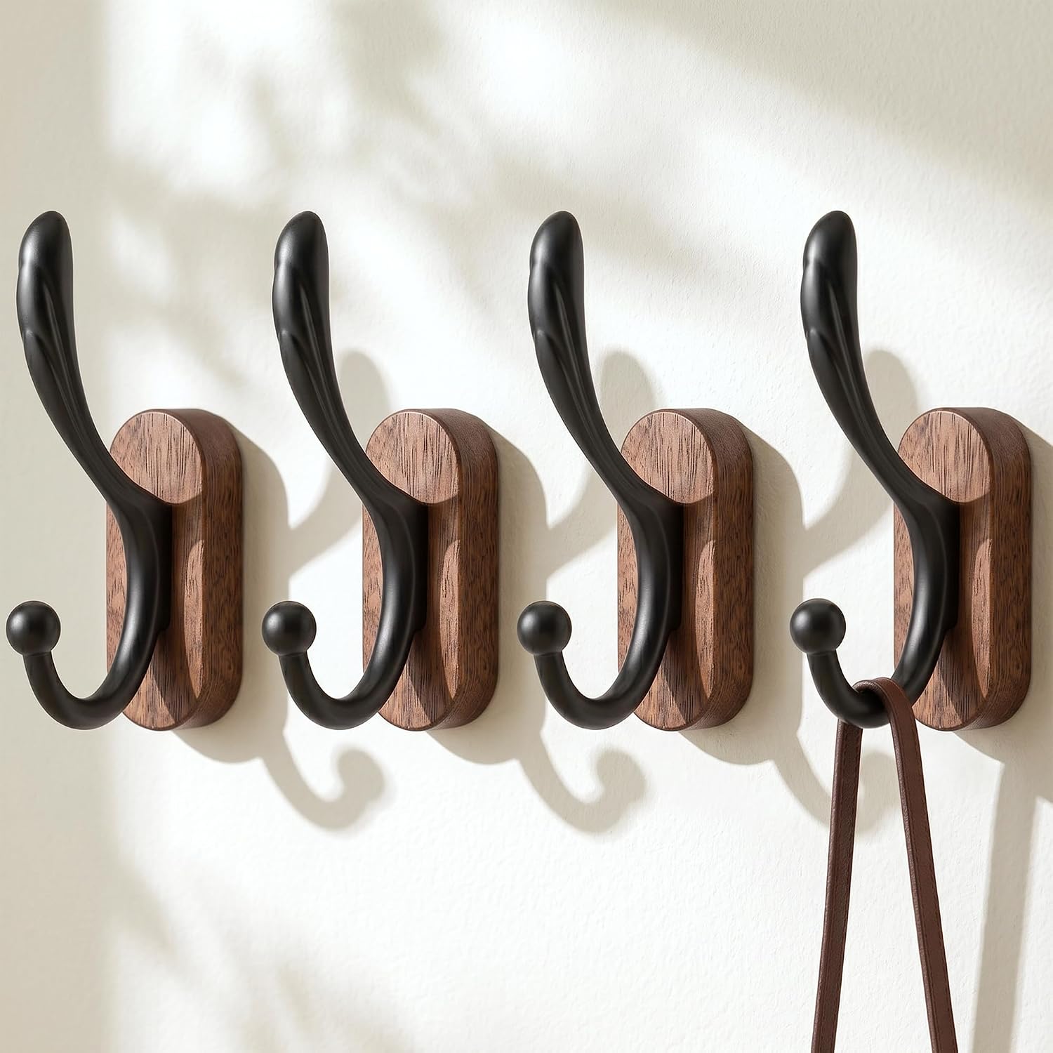 4 Pack Wall Mounted Coat Hooks, Walnut Wood & Black Metal Double Hooks