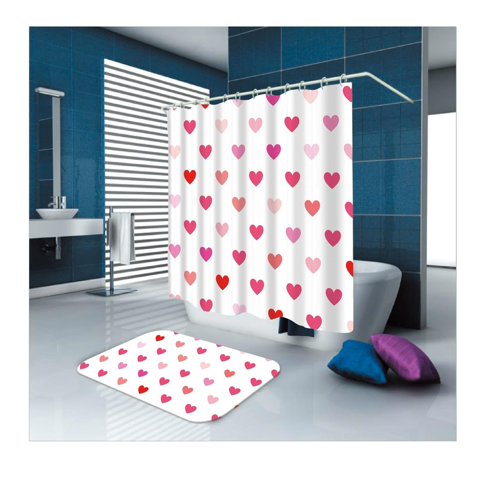 Rideau de douche rose et blanc 165x180 cm imperméable en polyester