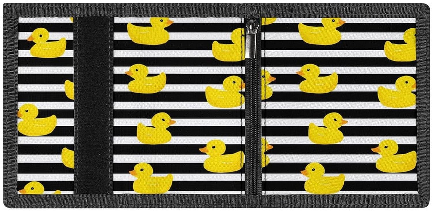 Yellow Rubber Ducks White Black Stripes Trifold Slim Wallet Front Pocket With Money Clip And ID Credit Card Slots For Travel Work