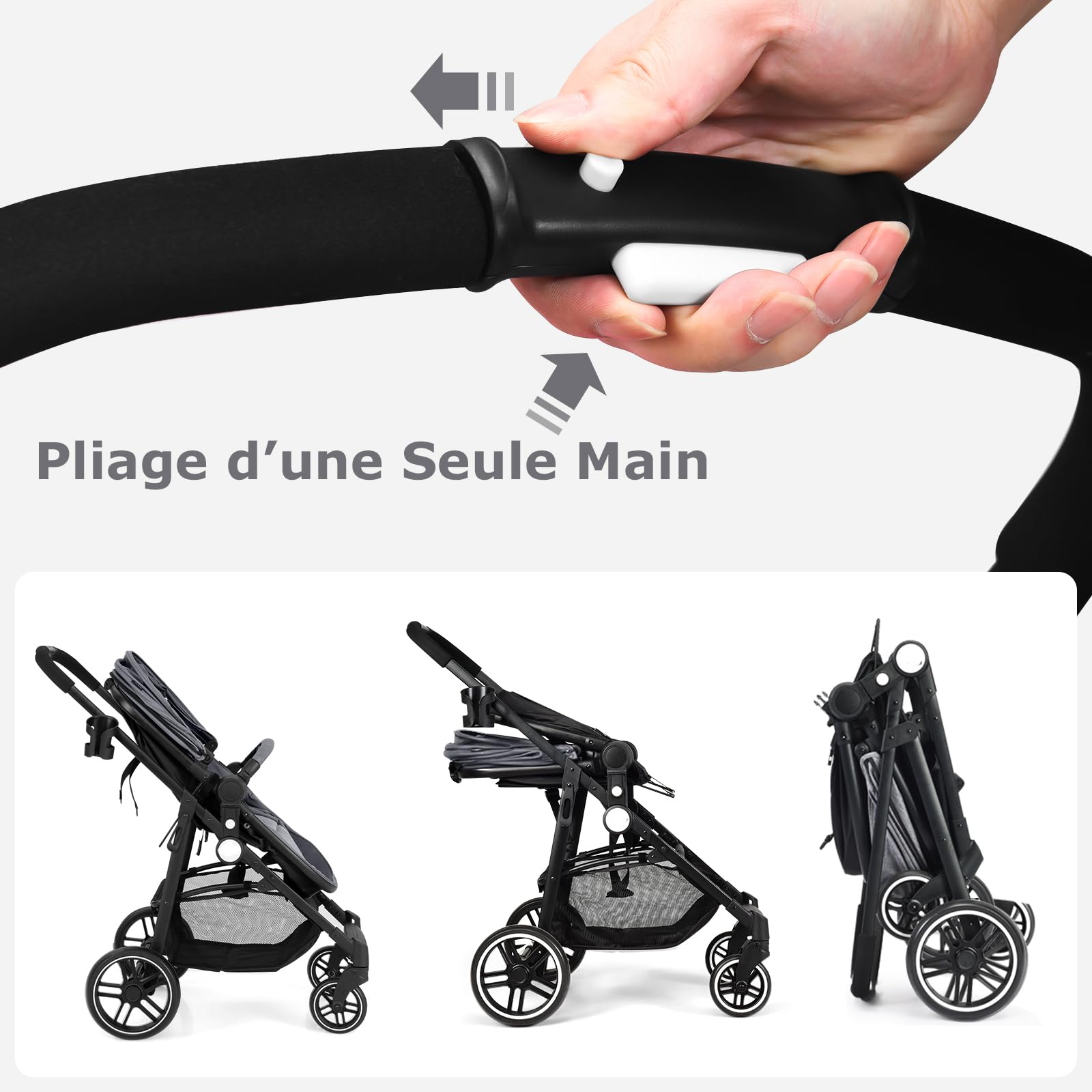 DREAMADE Poussette Légère Compact Bébé à 15 KG avec Siège Réversible&Auvent Réglable,Poussette Canne avec Panier de Rangement,Harnais de Sécurité,Landau Enfant 6-36Mois Pliant en un Clic (Gris)
