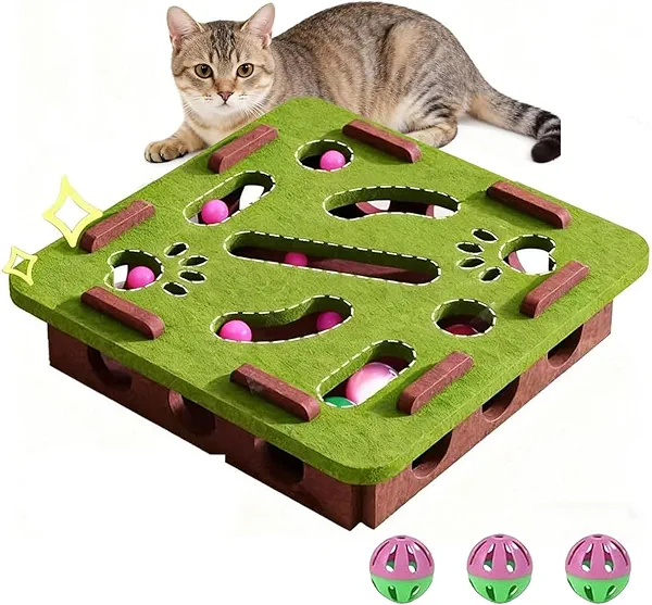 Cat Scratch Puzzle Box,Felt Maze Toy with Balls, Kitten Enrichment Activity for Hunting Fun and Play (Green, Square)