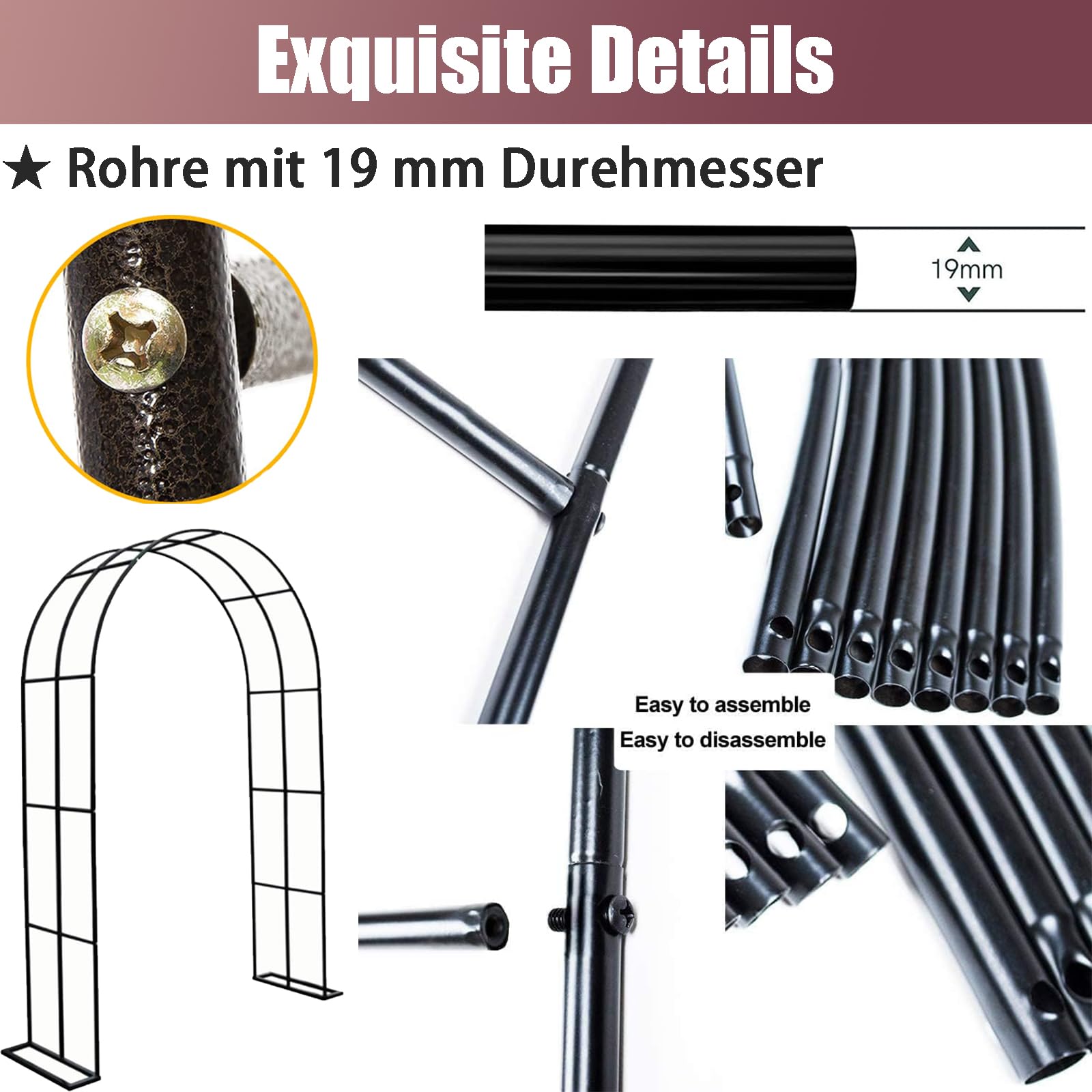 Arco da giardino in metallo resistente, traliccio per rose rampicanti, fiori e verdure, elegante pergolato da giardino nero (2,4 x 2,2 m)