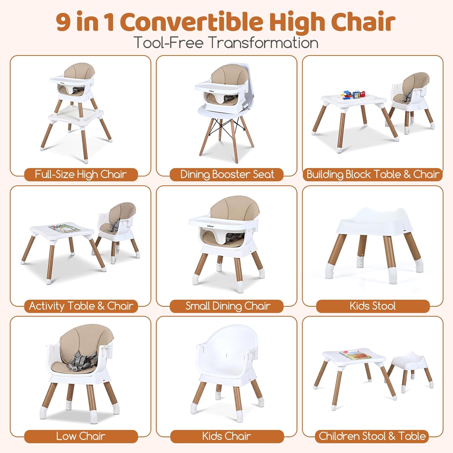 INFANS Baby High Chair, 9 in 1 Convertible Highchair for Babies and Toddlers, Building Block Table Dining Booster Seat Activity Desk Kids Stool with Adjustable Removable Tray (Beige)