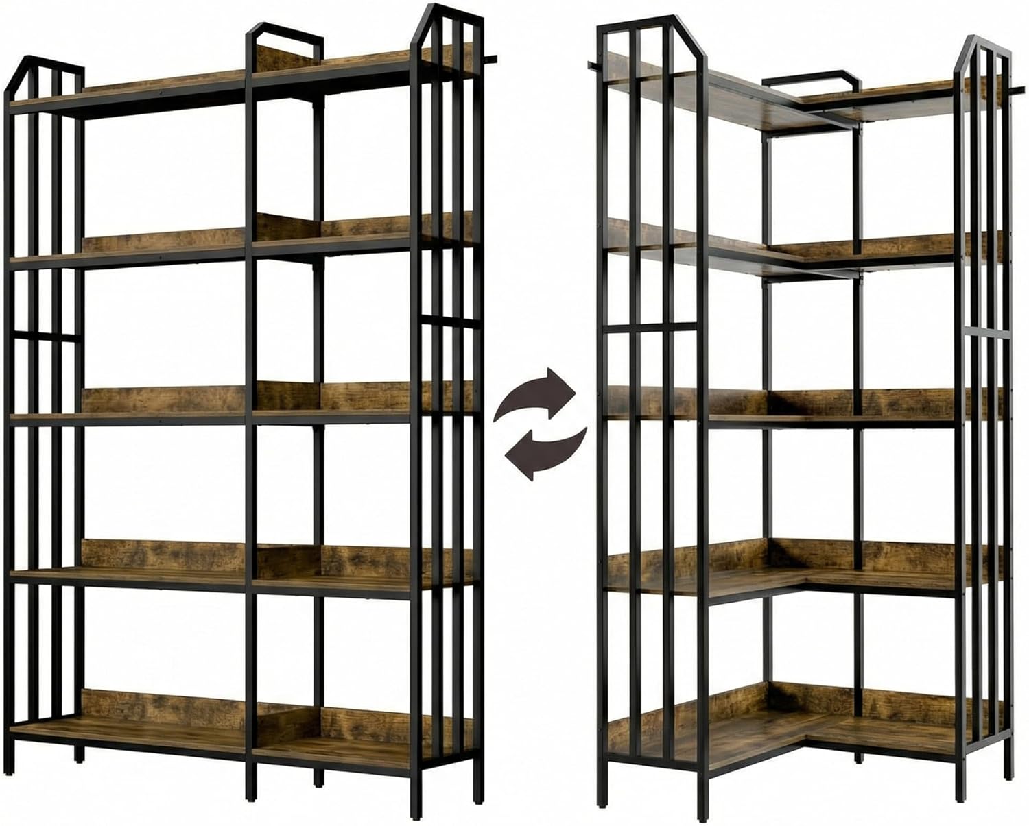 RECCI Reversible Bookshelf, 5-Tier 70" Corner or Straight Bookcase, Industrial Wood and Metal Storage Shelf for Living Room, Home Office, Rustic Brown