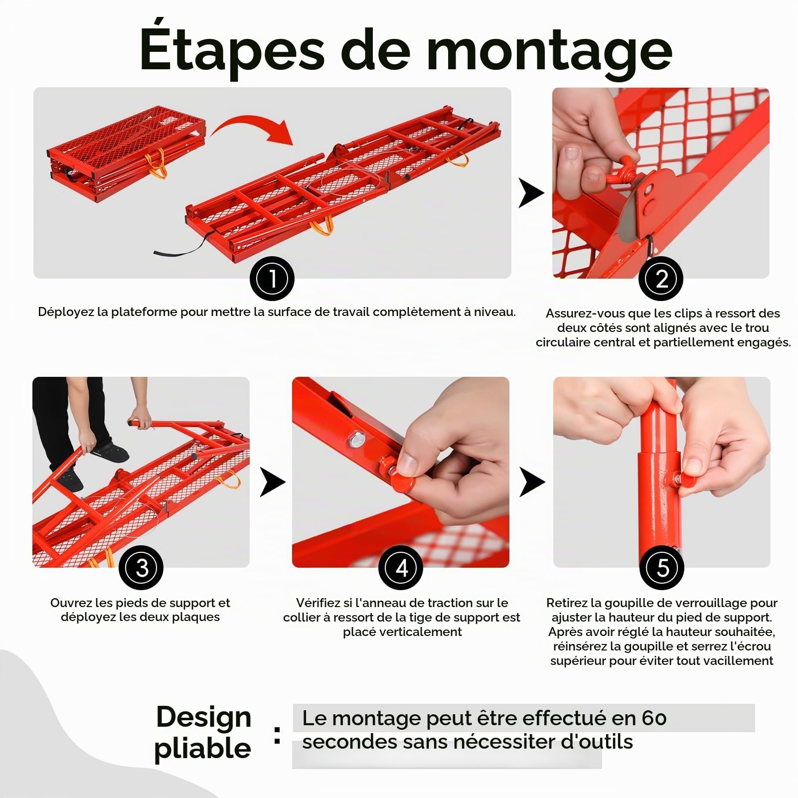 Plateforme de Travail Réglable & Pliable – Échafaudage Acier 450kg Marche Pied Large Fonction Établi, Tréteau Table Pliante, Alternative Stable aux Échasses Plaquiste, Step Échelle Rouge