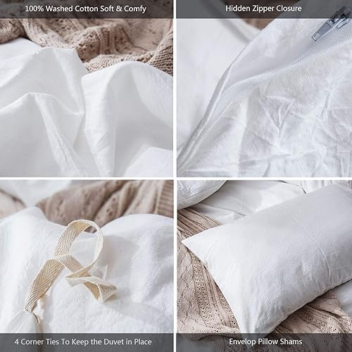 Miniatura 5 de MooMee  Juego de funda de edredón 100% algodón lavado con textura parecida al lino transpirable duradero suave cómodo (blanco, Individual)