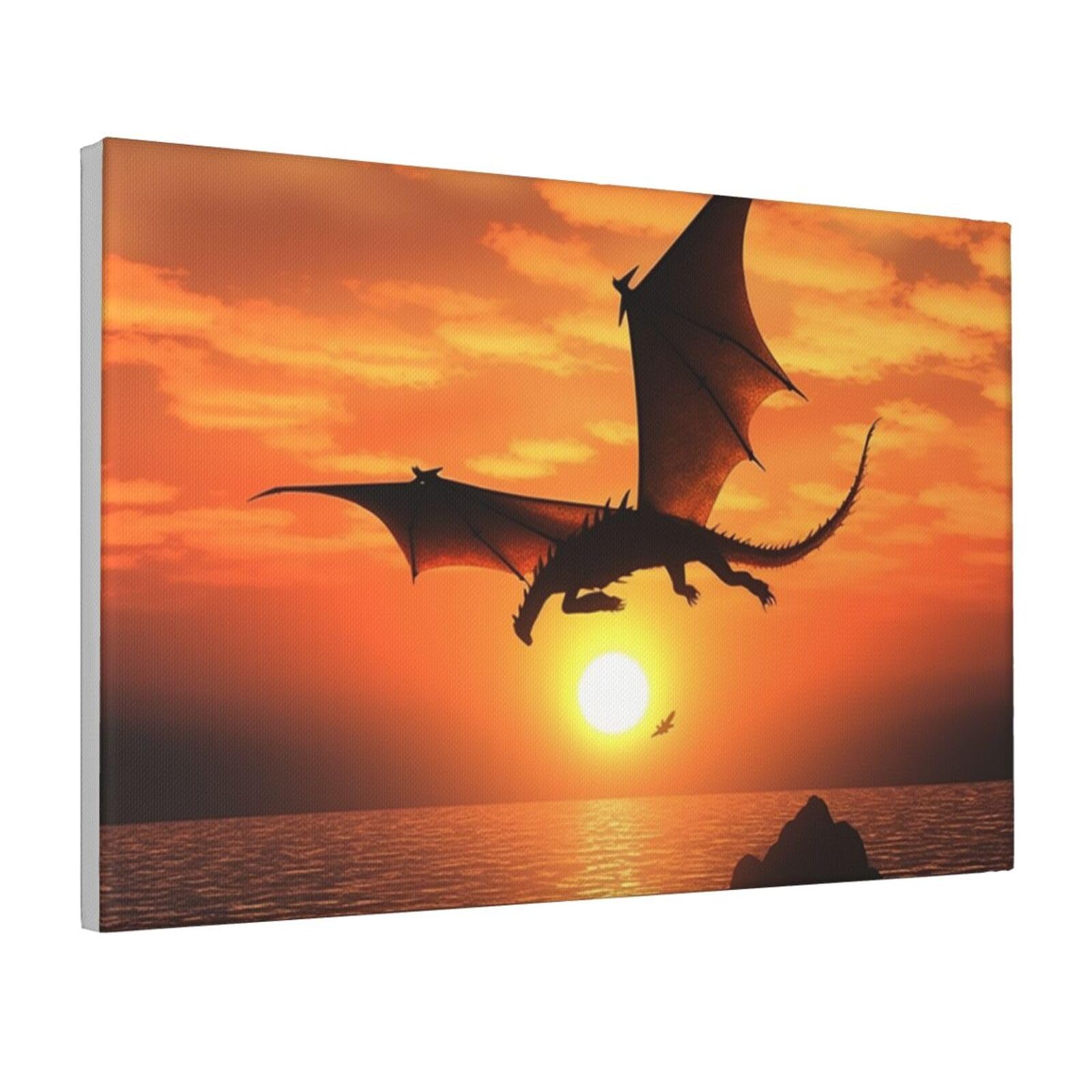 Framed Wall Art for Living Room Art Work, Sea Sunset Flying Dragon Picture Prints Modern Office Wall Paintings Poster Aesthetic Wall Decorations for Home Decor Ready To Hang 16"x24"