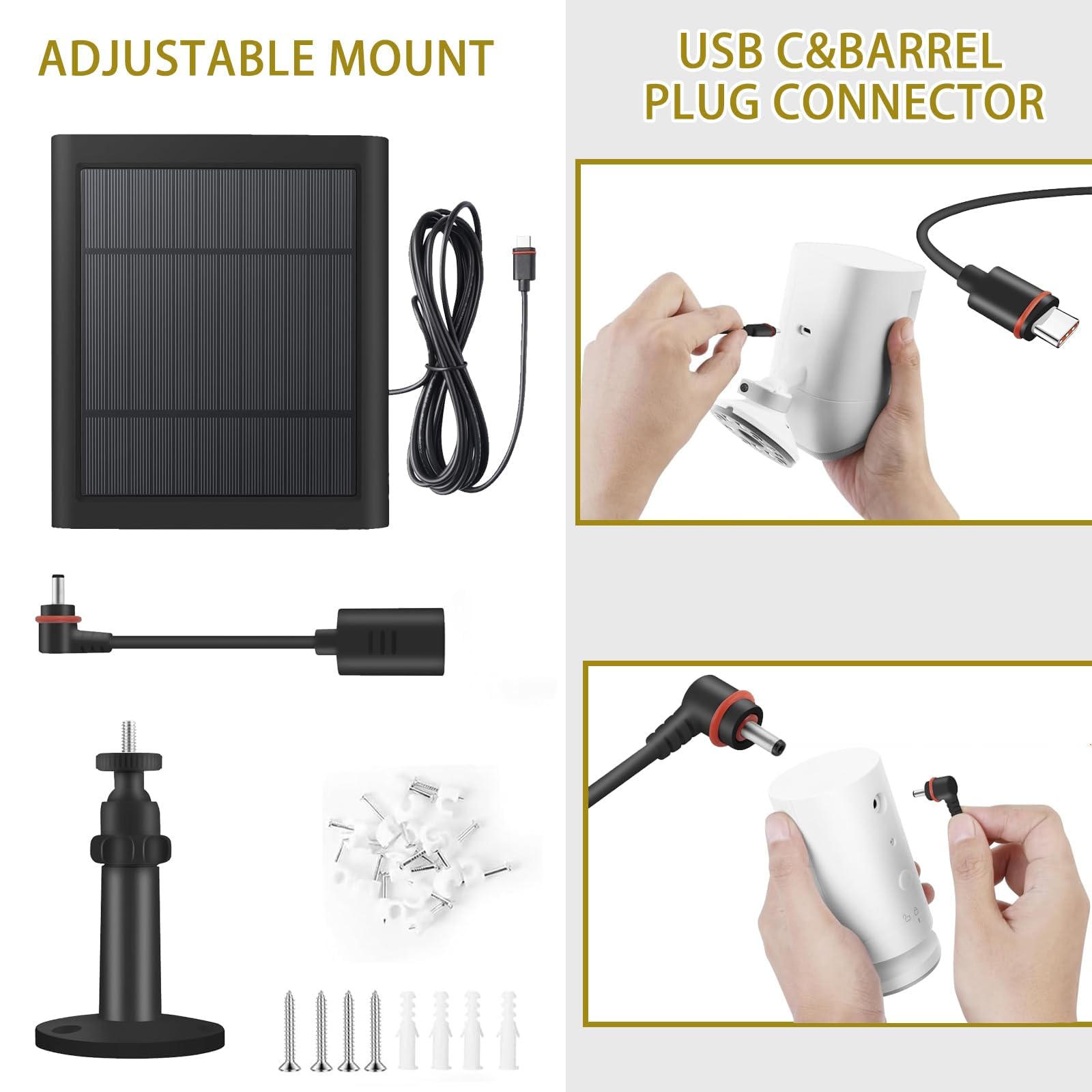 Confezione da 3 pannelli solari per telecamera di sicurezza ad anello, riflettori, camma Plus/Pro (batteria), senza fili, per esterni, con cavo lungo 3 m, antipolvere, impermeabile, BK