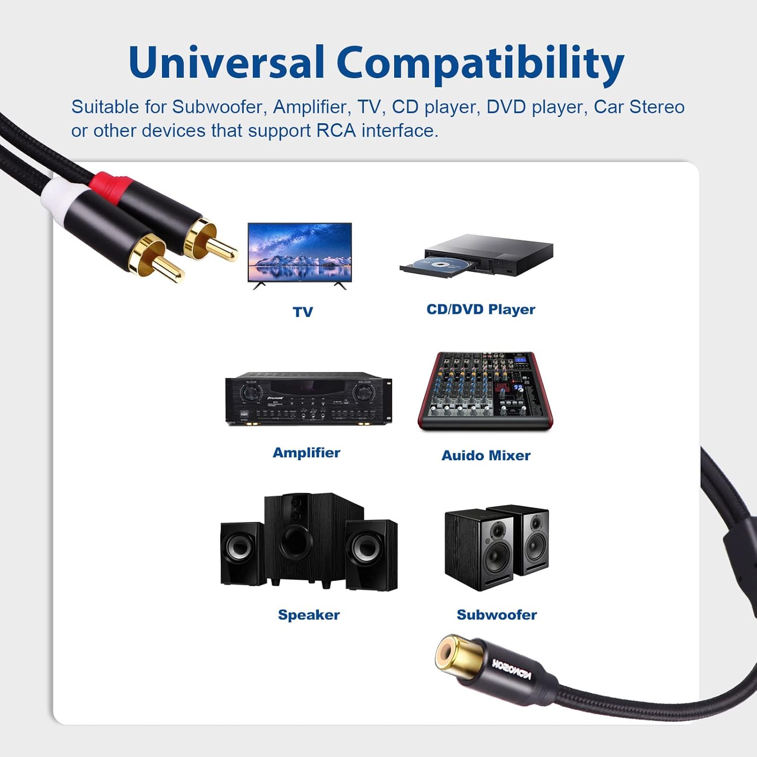 Discount 80% Subwoofer Cable RCA Splitter 1 Female to 2 Male, HOSONGIN RCA Y Adapter Splitter Cable with Black Cotton Braided Jaket and Gold-Plated Plug, 2 Pack/Length: 12 inch